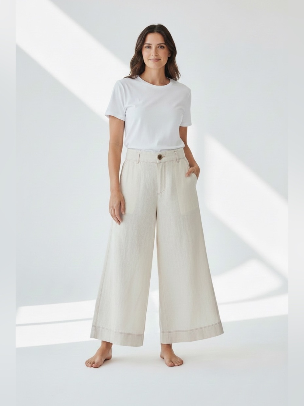 MAEVE Women’s Wide Leg Cream Pants with Pink Stitches Size 31 red detail flowy